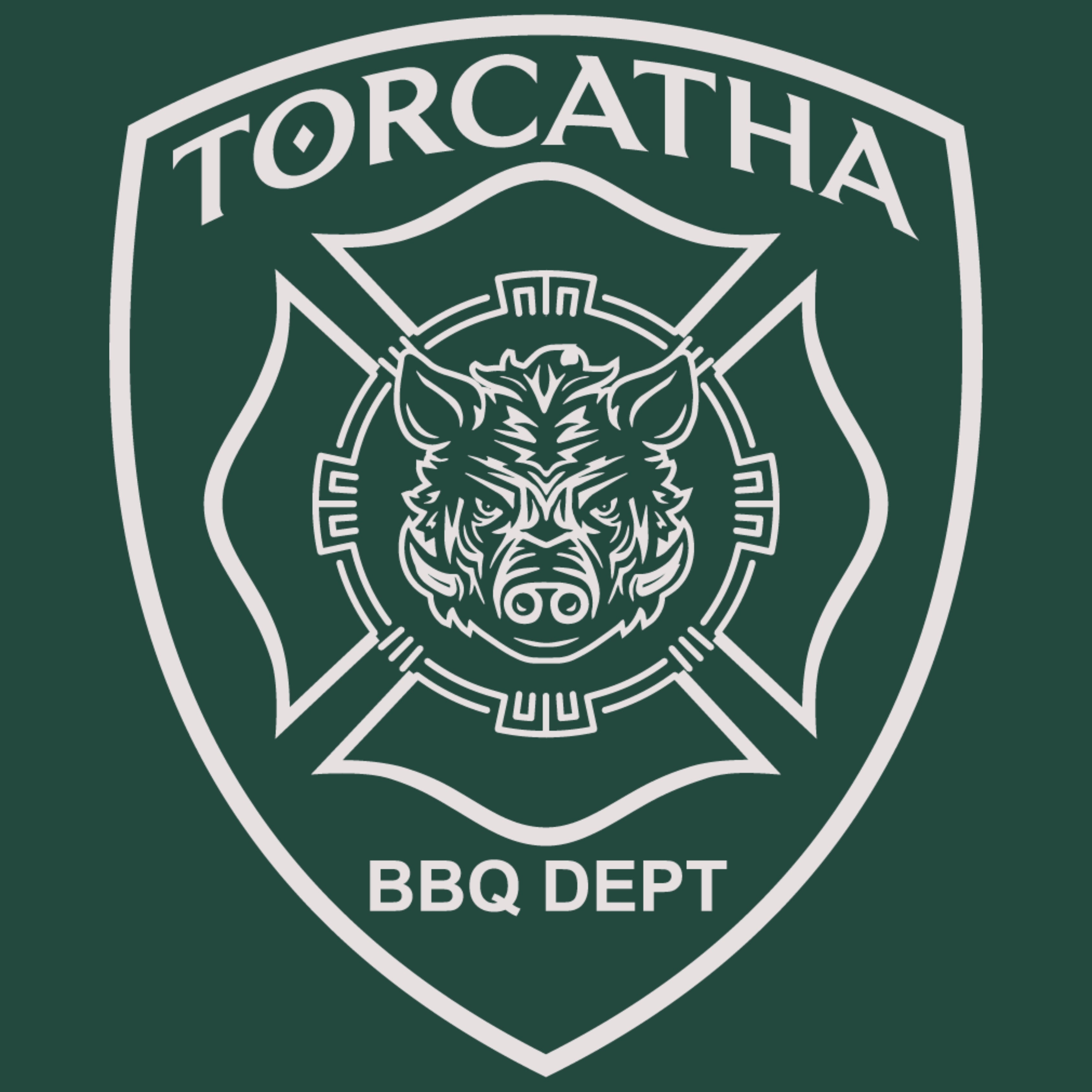Green and white fire badge featuring the Battle Boar image that reads, "Torcatha BBQ Dept."