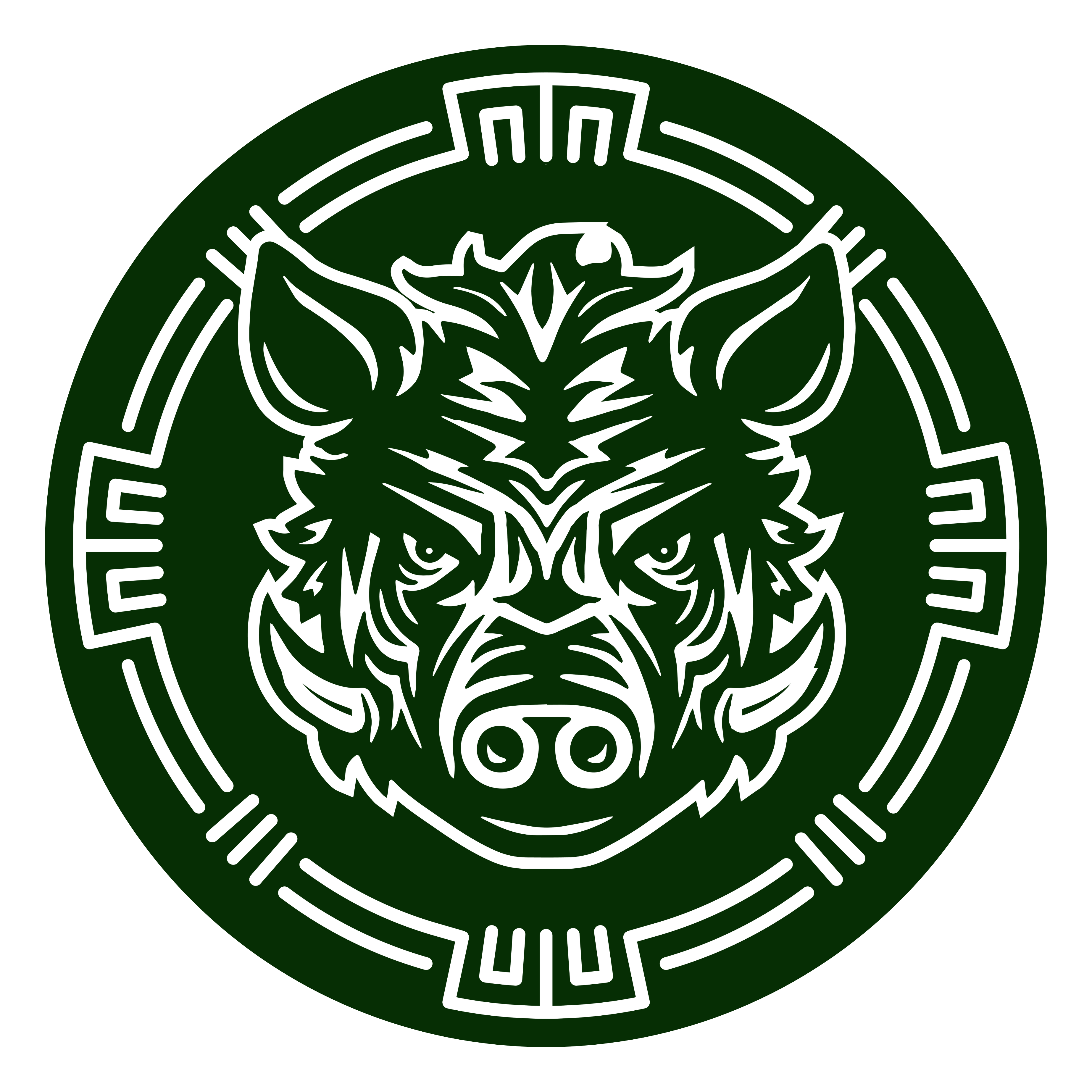 A green and white circle with an illustration of a boar's head in the middle, representing the Battle Boar symbol of the Torcatha brand.