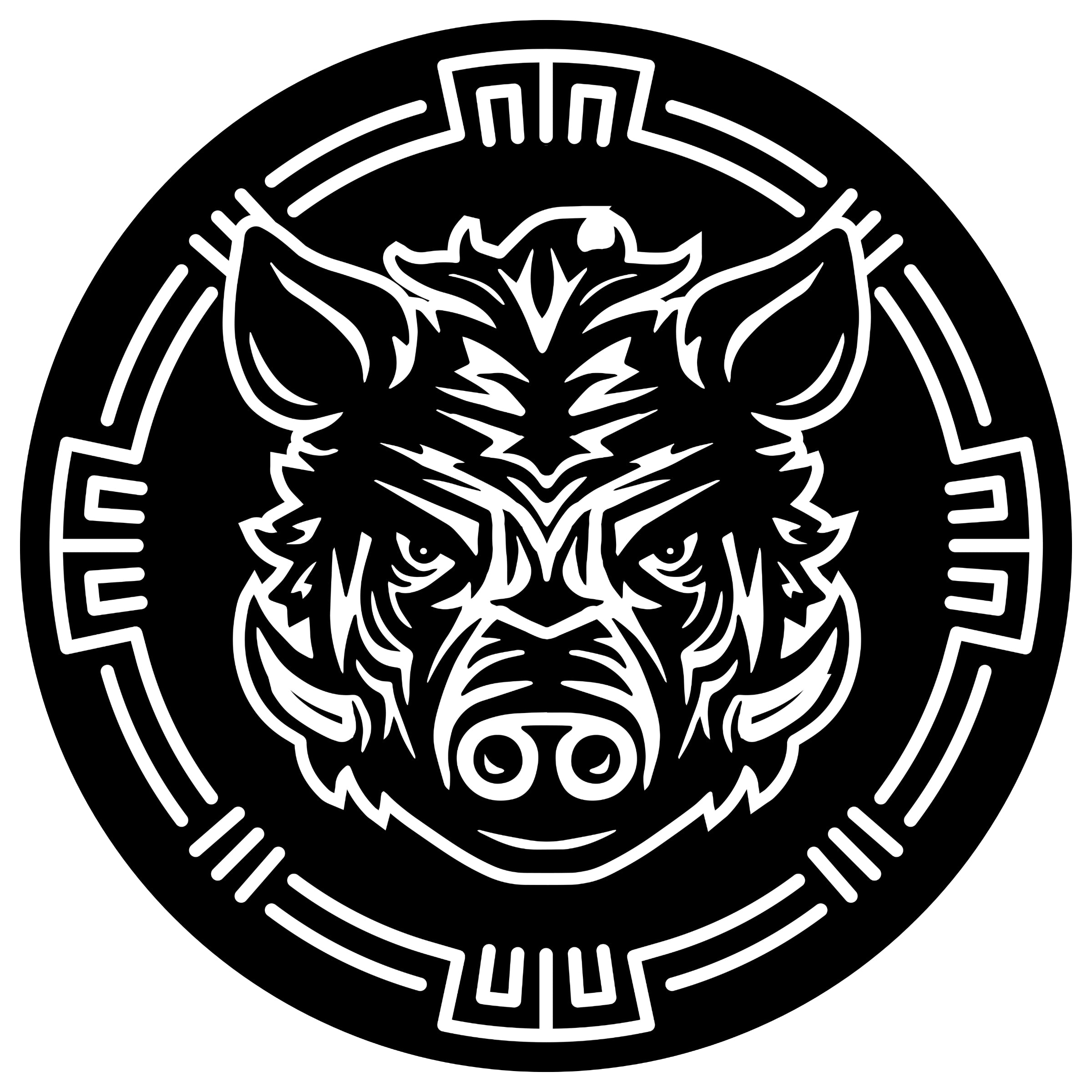 A black and white circle with an illustration of a boar's head in the middle, representing the Battle Boar symbol of the Torcatha brand.
