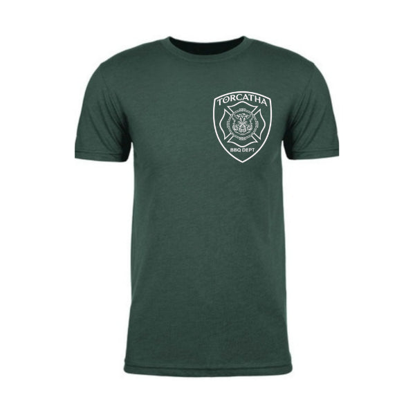 Green t-shirt with a white Torcatha BBQ Dept emblem on a white background.