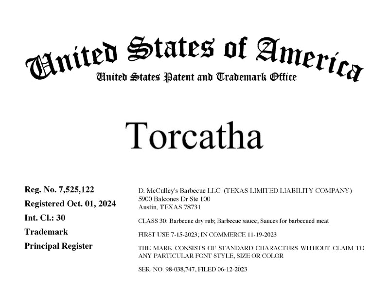 United States Patent and Trademark Office document for 'Torcatha' brand registration.
