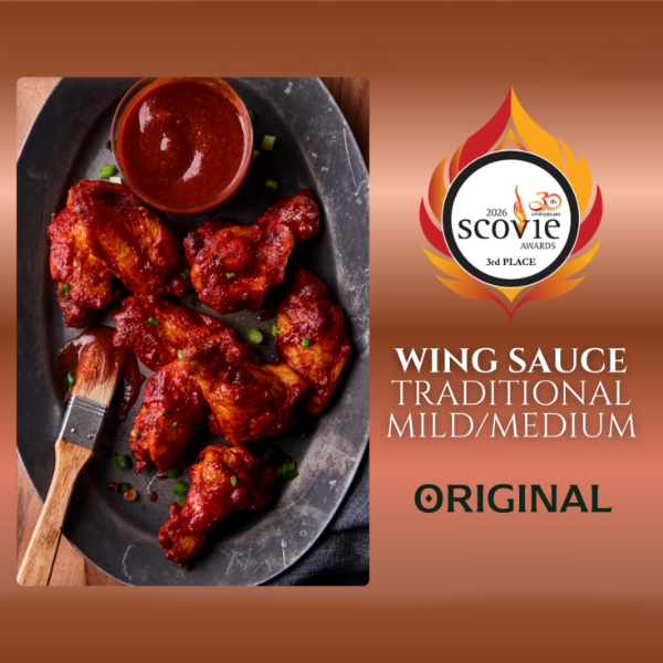 2026 Scovie Award image for 3rd Place Wing Sauce Traditional Mild/Medium shown alongside a black plate on a wooden table holding BBQ chicken wings garnished with scallions and a small bowl of BBQ sauce.
