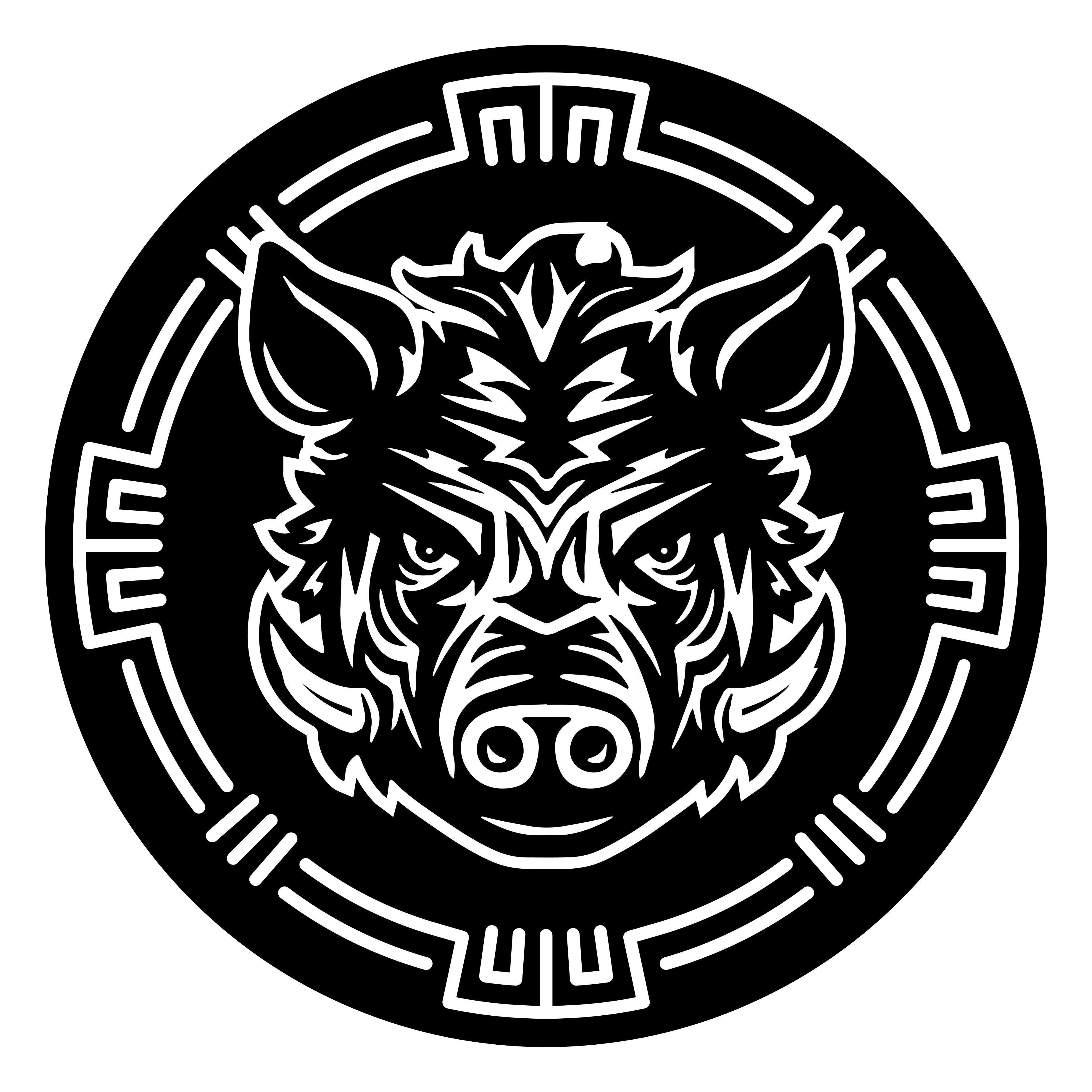 A black and white circle with an illustration of a boar's head in the middle, representing the Battle Boar symbol of the Torcatha brand. 