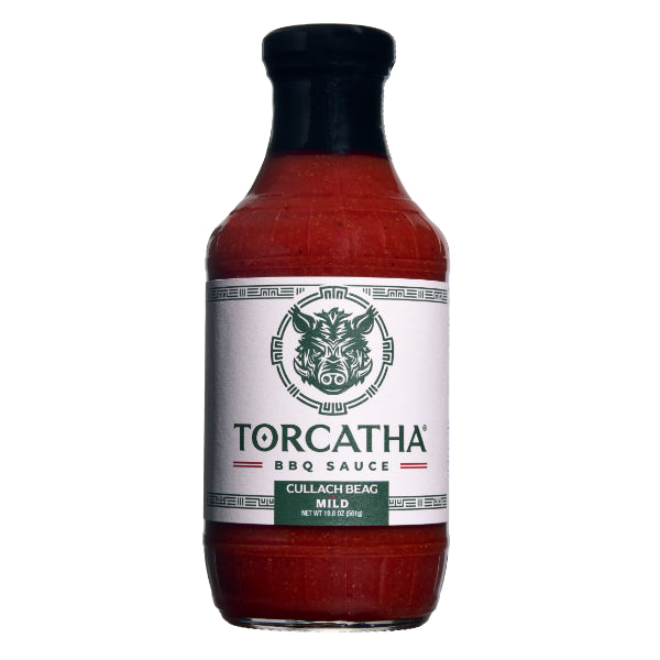 Bottle of Cullach Beag (Mild) Torcatha BBQ Sauce with a white Battle Boar on the label, an image the Torcatha brand is known for, on a white background.
