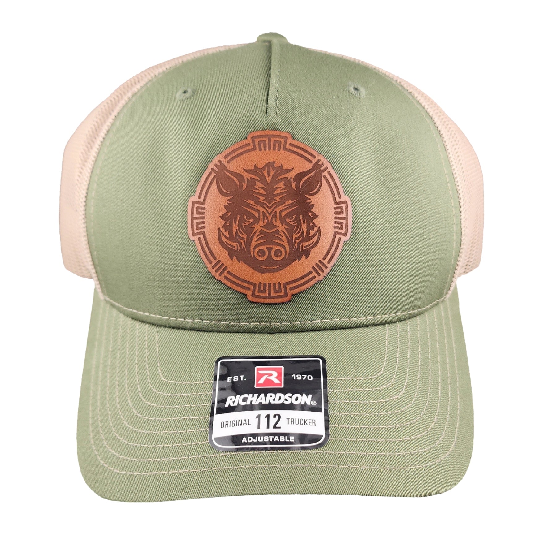 Green trucker cap with grey mesh and a brown leather Battle Boar logo, representing the Torcatha BBQ Sauce brand, on a white background.