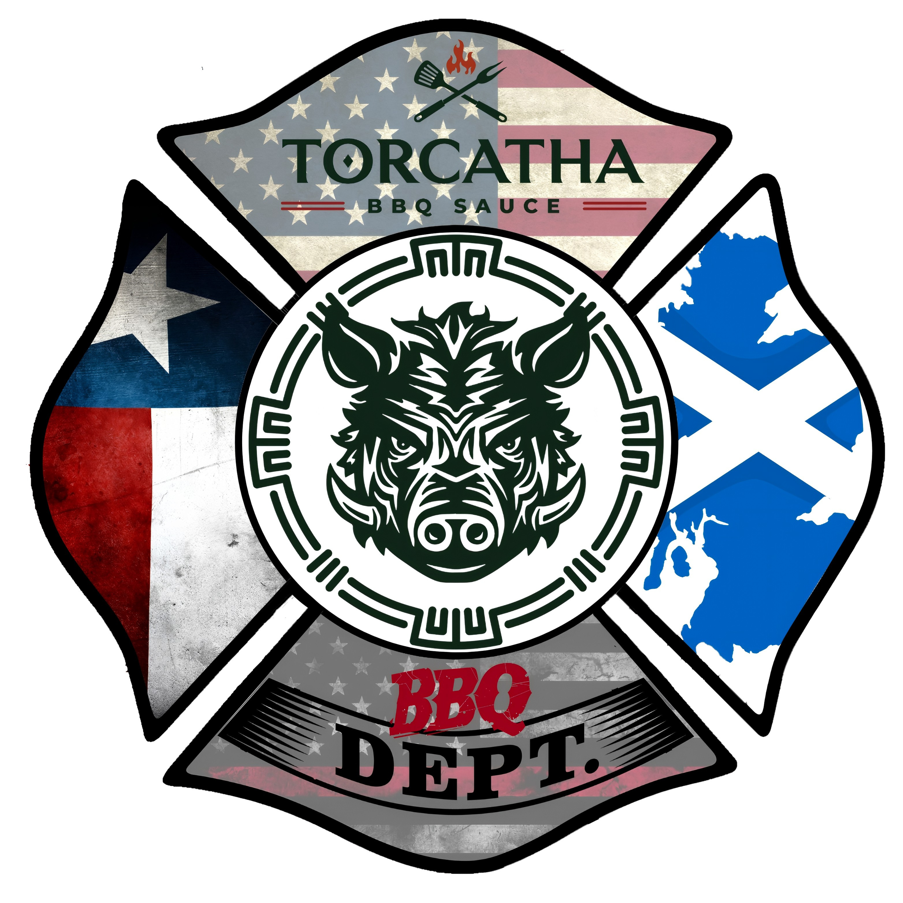 A Maltese cross image with the Torcatha Battle Boar image in the middle and flags from various places in the corners. 