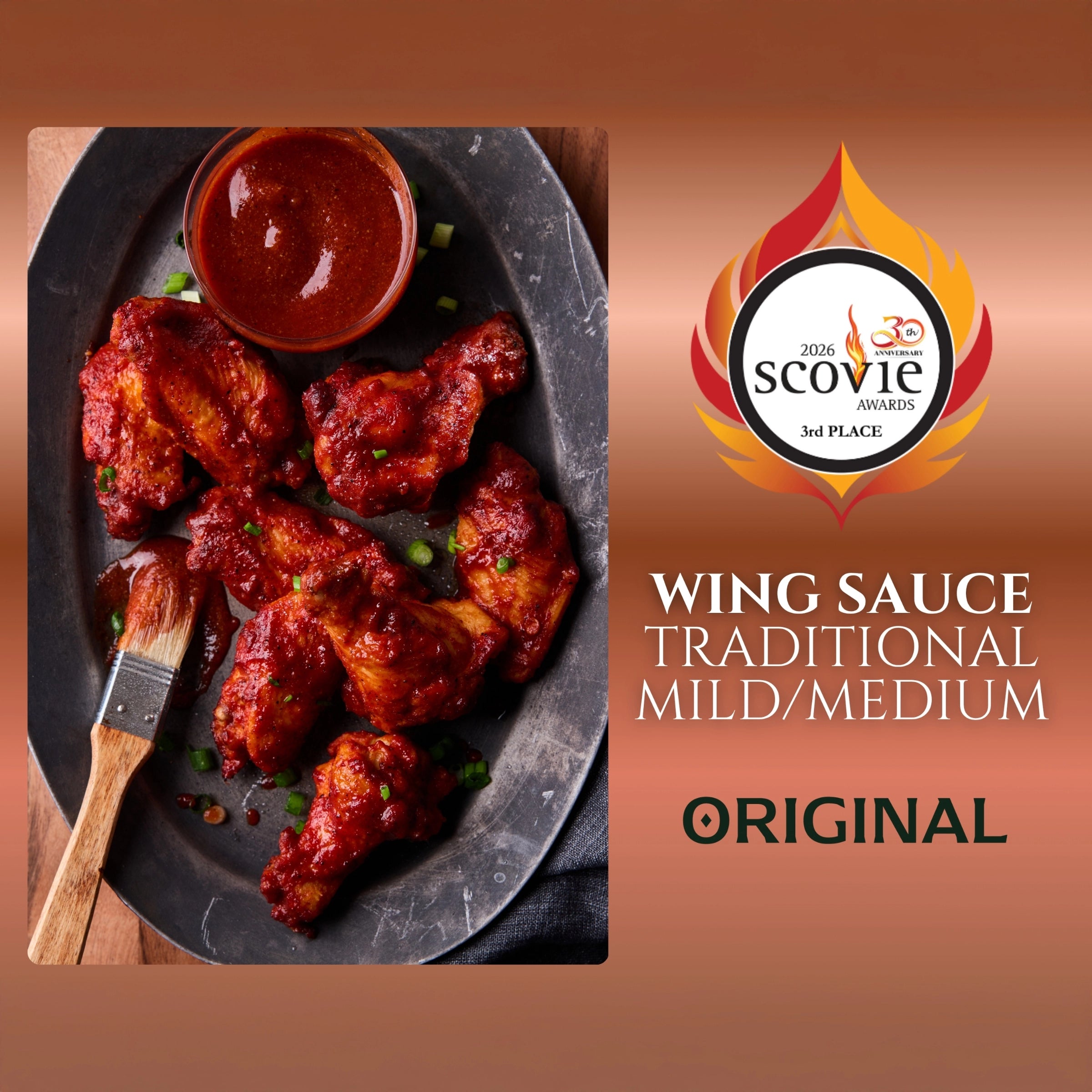 2026 Scovie Award image for 3rd Place Wing Sauce Traditional Mild/Medium shown alongside a black plate on a wooden table holding BBQ chicken wings garnished with scallions and a small bowl of BBQ sauce.
