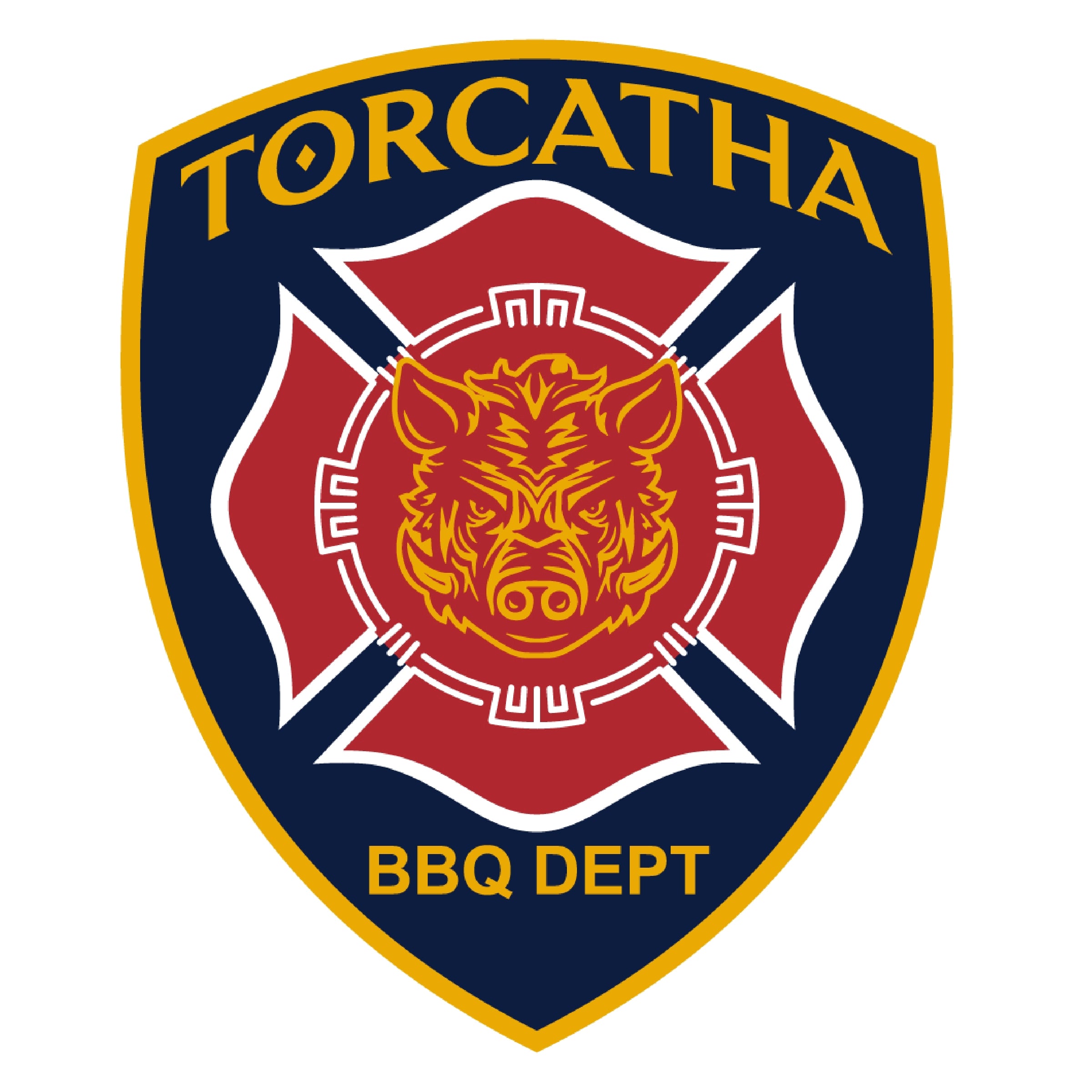 Navy blue, red, and yellow fire badge featuring the Battle Boar image from the Torcatha BBQ Sauce brand.  