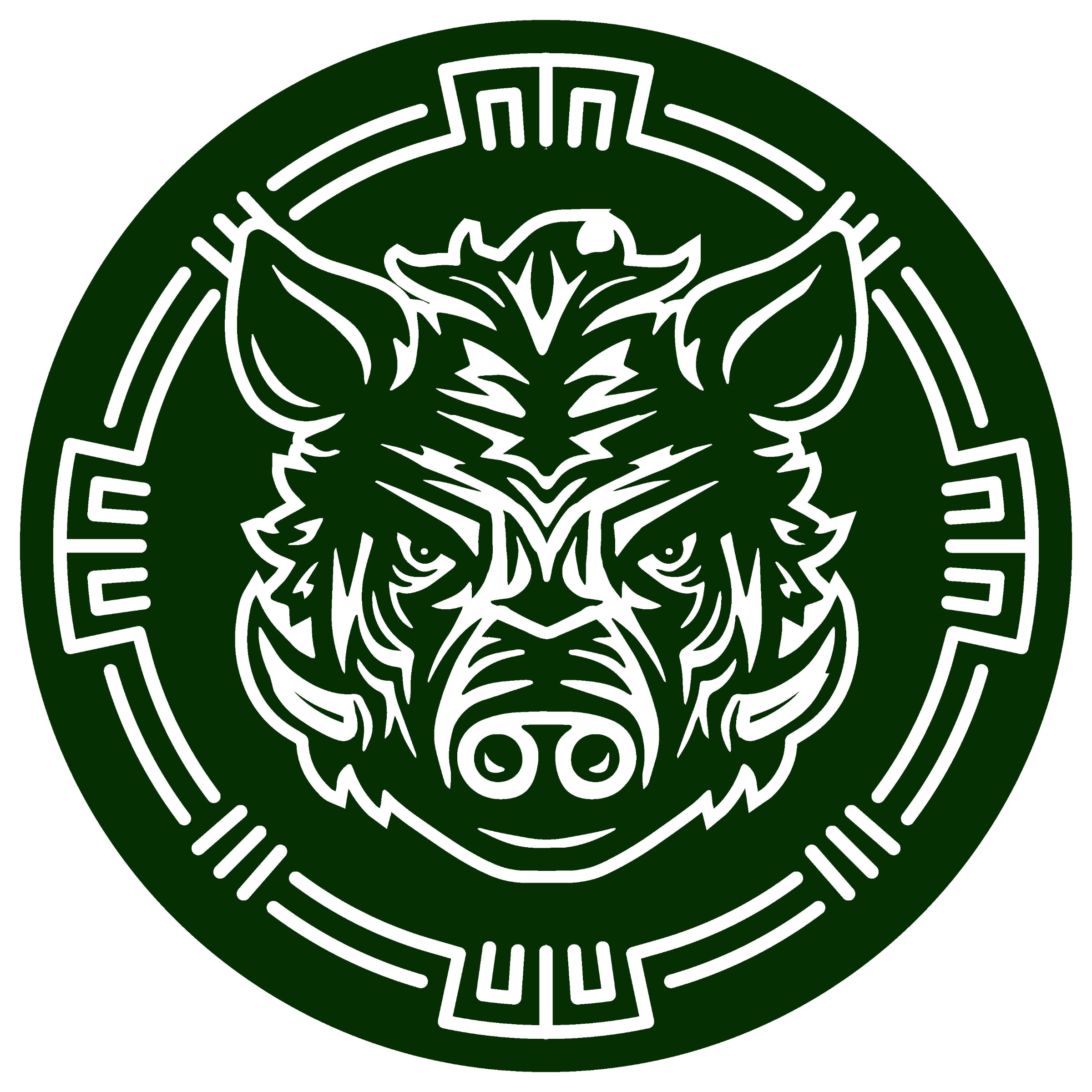 A green and white circle with an illustration of a boar's head in the middle, representing the Battle Boar symbol of the Torcatha brand. 