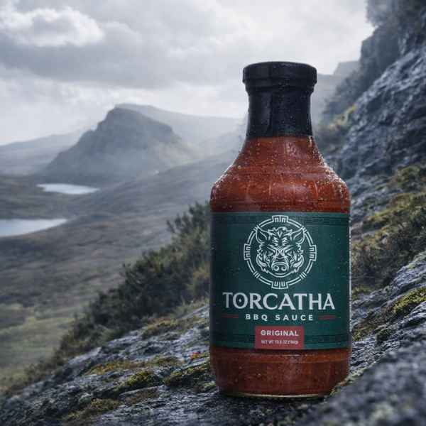 Bottle of Torcatha BBQ Sauce on a rocky outcrop with a mountainous landscape in the background